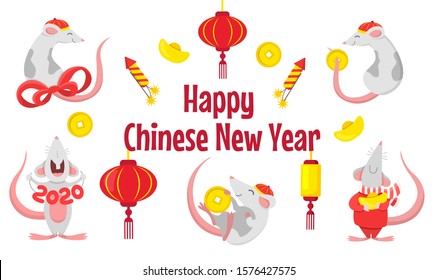 Happy Chinese New Year 2020. Cartoon cute mouse set with traditional chinese details. The year of rat Vector illustration 