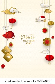 Happy Chinese New Year 2020 of rat. Card with hanging red mouse, gold, white clouds, lanterns, flowers on light background. For holiday invitation, poster, banner. Paper style. Vector illustration