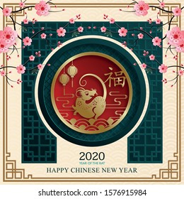 Happy chinese new year 2020 year of the Rat, red and gold paper cut rat character, flower and asian elements with craft style on background (Translation : happy chinese new year 2020, year of the rat)