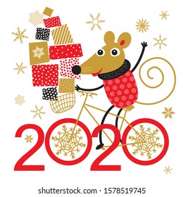 Happy Chinese New Year 2020 Year of the rat. Golden snowflakes and cute cartoon mouse rides a bicycle with lots of gifts.Christmas greetings card, party invitation,  poster, brochure, banner, calendar