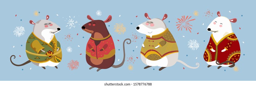 Happy chinese new year! 2020 is the year of the rat. Vector cute illustration of asian mice for the holiday. Isolated mouse for card, background or poster.
 
