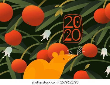 Happy Chinese New Year 2020 year.  rat paper cut style.Rat in a thicket of tangerine tree.Vector illustration