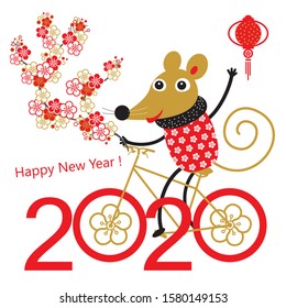 Happy Chinese New Year 2020 Year of the rat. Cute cartoon mouse rides a bicycle holding plum branch in bloom with flowers. Greetings card, party invitation, poster, brochure, banner, calendar