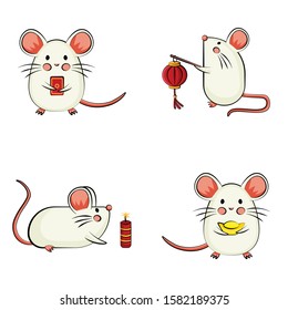 Happy chinese new year 2020. Cute mouse cartoon vector illustration design templete set collection. Year of Rat zodiac. Mouse holding chinese red paper, fortune symbol, firecracker, and lanterns.