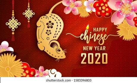 Happy Chinese new year 2020. The year of the Rat. Chinese new year fortune greeting card graphic design background and wallpaper. Red and gold paper cut with plum blossom flower. Asian culture element