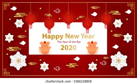 Happy Chinese new year 2020 year of the rat paper cut style. Vector Illustration. Paper cut flowers, copy space.  