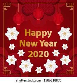 Happy Chinese new year 2020 year of the rat paper cut style. Vector Illustration. Paper cut flowers, copy space. 