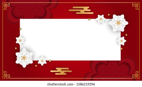 Happy Chinese new year 2020 year of the rat paper cut style. Vector Illustration. Paper cut flowers, copy space. Background for greetings, card, flyers, invitation, posters, brochure, banners