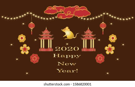 Happy Chinese New Year 2020 with Metal Rat symbol. Holiday banner, greeting card. Vector illustration