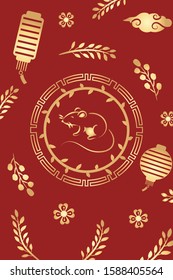 Happy Chinese New Year 2020 greeting card. Year of the rat. Cute little mice rat red pocket - hongbao