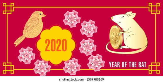 Happy Chinese new year 2020. Year of the rat. Cute Rat and Chinese words design for greetings card, flyers, invitation, brochure, banners. Chinese Translation: Happy Chinese new year 