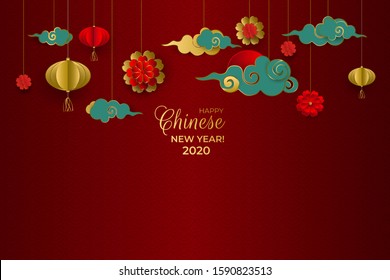 Happy Chinese New Year 2020. Greeting card with hanging gold, red and turquoise clouds, lanterns, flowers on red background. For holiday invitation, poster, banner. Paper style. Vector illustration