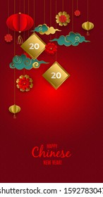 Happy Chinese New Year 2020. Greeting card with hanging gold, red and turquoise clouds, lanterns, flowers on red background Vector illustration