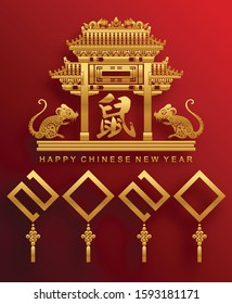 Happy chinese new year 2020 year of the rat ,paper cut rat character,flower and asian elements with craft style on background. (Chinese translation : Happy chinese new year 2020, year of rat)