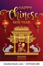 Happy chinese new year 2020 year of the rat ,paper cut rat character,flower and asian elements with craft style on background. (Chinese translation : Happy chinese new year 2020, year of rat)