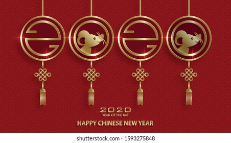 Happy chinese new year 2020 year of the Rat, red and gold paper cut rat character, flower and asian elements with craft style on background (Translation : happy chinese new year 2020, year of the rat)