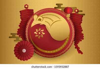 Happy Chinese new year 2020, Year of Rat, red and gold element Chinese element.
