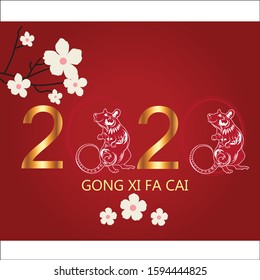 Happy Chinese New Year 2020 year, red and gold paper cut rat character.