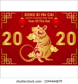 Happy Chinese New Year 2020 year, red and gold paper cut rat character.
