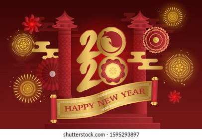 Happy Chinese New Year 2020, Year of Rat, Red Gold background, Chinese decoration element.