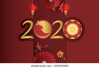 Happy Chinese New Year 2020, Year of Rat, Red Gold background, Chinese decoration element.