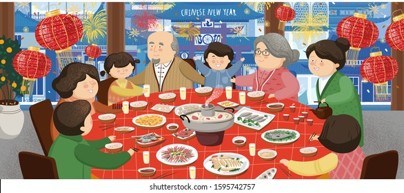 Happy Chinese New Year 2020. An Asian family (mother, father, grandmother, grandfather and children) sits at a table and celebrates a holiday. Vector illustration for background, card or banner.
 
