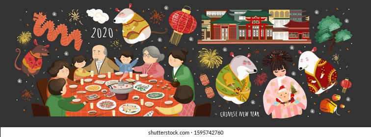 Happy chinese new year! 2020 is the year of the rat. Vector cute illustration of asian mice, korean people,family at the table, house  for the holiday. Isolated objects for card, background or poster.