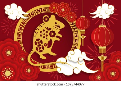 Happy Chinese New Year in 2020 greeting card. Year of zodiac rat. Vector illustration in paper art design.