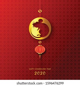 Happy Chinese new year 2020 year of the rat ,paper cut rat character, flower and asian elements with craft style on background. Vector illustration EPS10.