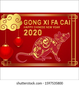 Happy Chinese New Year 2020 year, red and gold paper cut rat character.