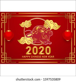 Happy Chinese New Year 2020 year, red and gold paper cut rat character.