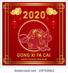 Happy Chinese New Year 2020 year, red and gold paper cut rat character.