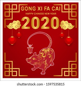 Happy Chinese New Year 2020 year, red and gold paper cut rat character.