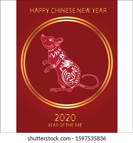 Happy Chinese New Year 2020 year, red and gold paper cut rat character.