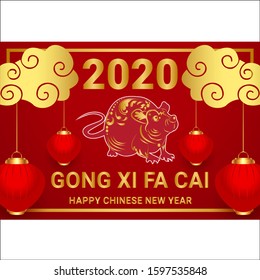 Happy Chinese New Year 2020 year, red and gold paper cut rat character.