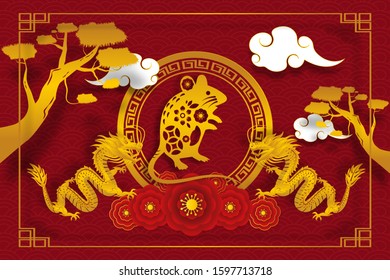 Happy Chinese New Year in 2020 greeting card. Year of zodiac rat. Vector illustration in paper art design.