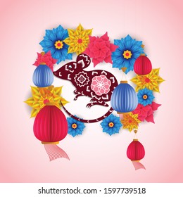 Happy chinese new year 2020 with colorful flower year of the rat. 