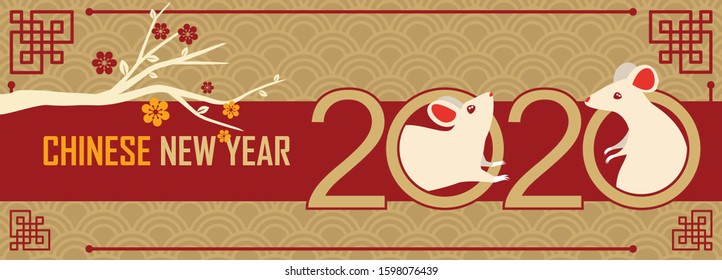Happy chinese new year 2020 banner for year of the rat. Two white rats or mouse with typography and chinese traditional web banner design. Tree branch and traditional pattern background.