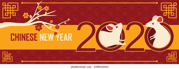 Happy chinese new year 2020 banner for year of the rat. Two white rats or mouse with typography and chinese traditional web banner design in red yellow. Tree branch and traditional pattern background.