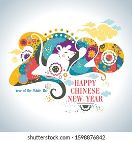 Happy Chinese New Year 2020. Beautiful illustration of the white Rat on a bright floral patterns and clouds background 2020 of stylized vibrant nature. Flat vector graphic.
