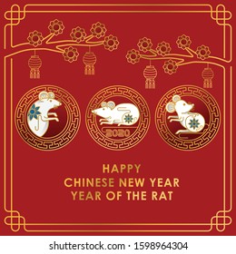 Happy Chinese New Year 2020 Year vector of the rat with line art style. Red background of Chinese New Year elements, Year of Rat 2020, symbol of 2020 on the Chinese calendar for New Year's design.