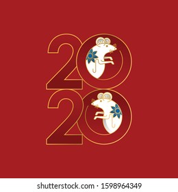 Happy Chinese New Year 2020 Year vector of the rat with line art style. Red background of Chinese New Year elements, Year of Rat 2020, symbol of 2020 on the Chinese calendar for New Year's design.