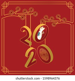 Happy Chinese New Year 2020 Year of the rat with line art style. Zodiac sign for greetings card, flyers, invitation, posters, brochure, banners, calendar. 2020 vector banner with Happy New Year.