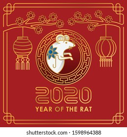 Happy Chinese New Year 2020 Year of the rat with line art style. Zodiac sign for greetings card, flyers, invitation, posters, brochure, banners, calendar. 2020 vector banner with Happy New Year.