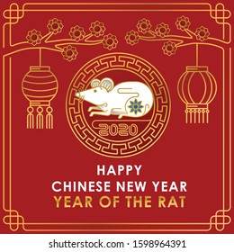 Happy Chinese New Year 2020 Year vector of the rat with line art style. Red background of Chinese New Year elements, Year of Rat 2020, symbol of 2020 on the Chinese calendar for New Year's design.