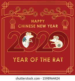 Happy Chinese New Year 2020 Year vector of the rat with line art style. Red background of Chinese New Year elements, Year of Rat 2020, symbol of 2020 on the Chinese calendar for New Year's design.