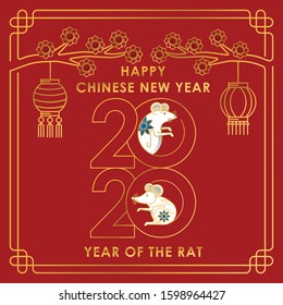 Happy Chinese New Year 2020 Year vector of the rat with line art style. Red background of Chinese New Year elements, Year of Rat 2020, symbol of 2020 on the Chinese calendar for New Year's design.