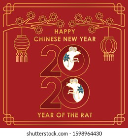 Happy Chinese New Year 2020 Year vector of the rat with line art style. Red background of Chinese New Year elements, Year of Rat 2020, symbol of 2020 on the Chinese calendar for New Year's design.
