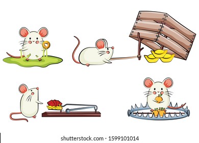 Happy chinese new year 2020. Cute rat fall into a trap to take gold, money, and fortune symbol. Chinese new year cartoon design concept set template. Mouse trap, rat glue, and box trap.