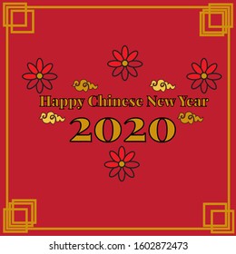 happy chinese new year 2020 greeting card with flower and cloud ornaments, isolated on a red background